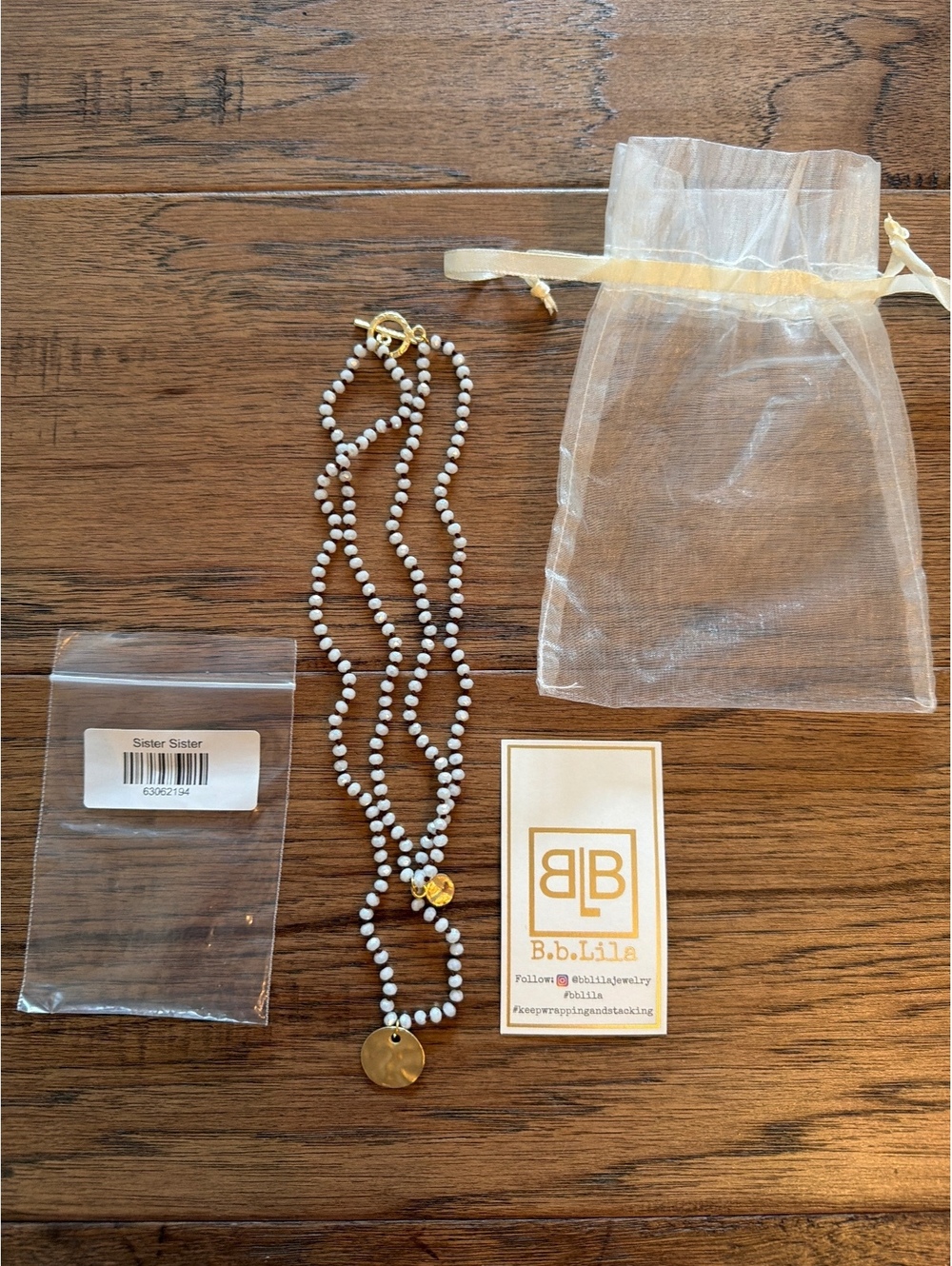 B.B. Lila White Beaded Necklace with Gold Pendant and Toggle Clasp